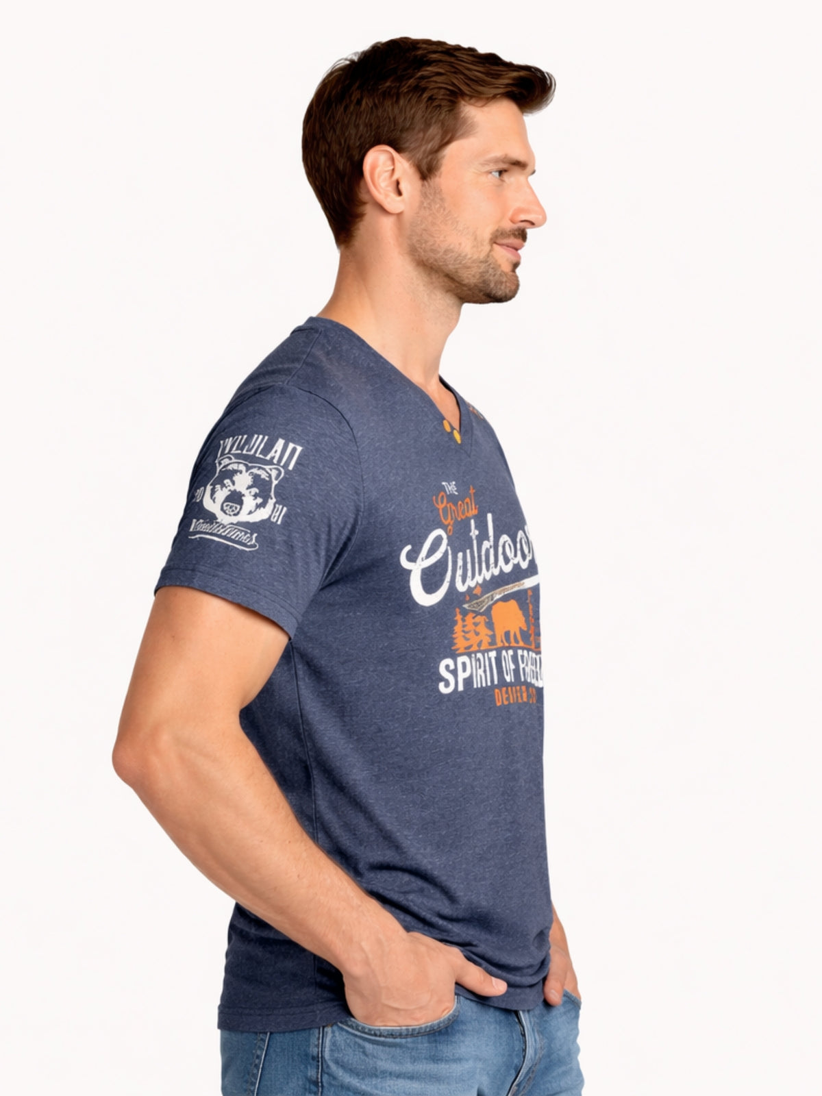 Men's Graphic Printed V Neck Tee Shirt - Charcoal Blue