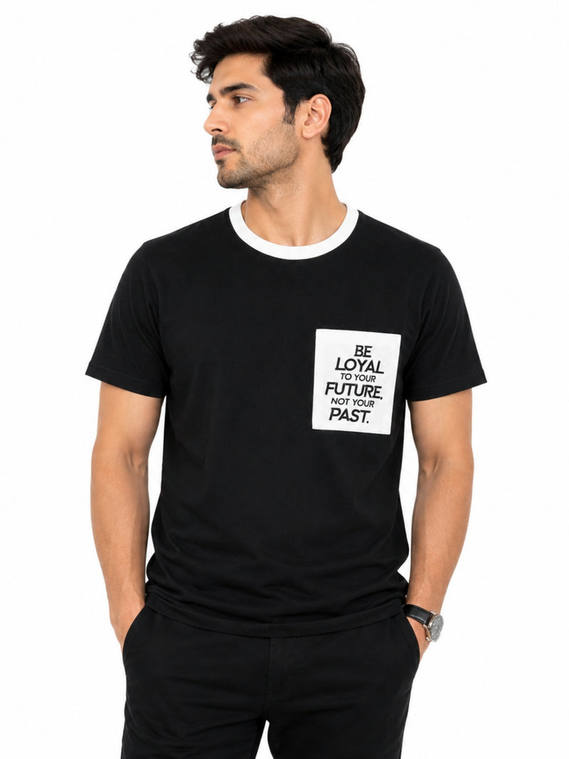 Men's Round Neck Contrast Printed Pocket Tee Shirt - Black