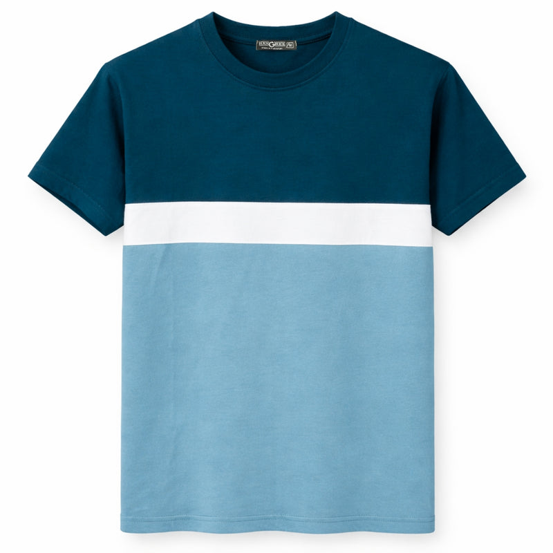 Men's Cut & Sew panel Tee Shirt - Lavish Blue, White & Glacier
