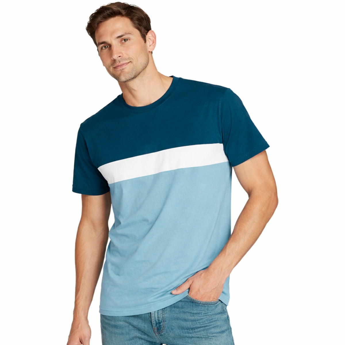 Men's Cut & Sew panel Tee Shirt - Lavish Blue, White & Glacier