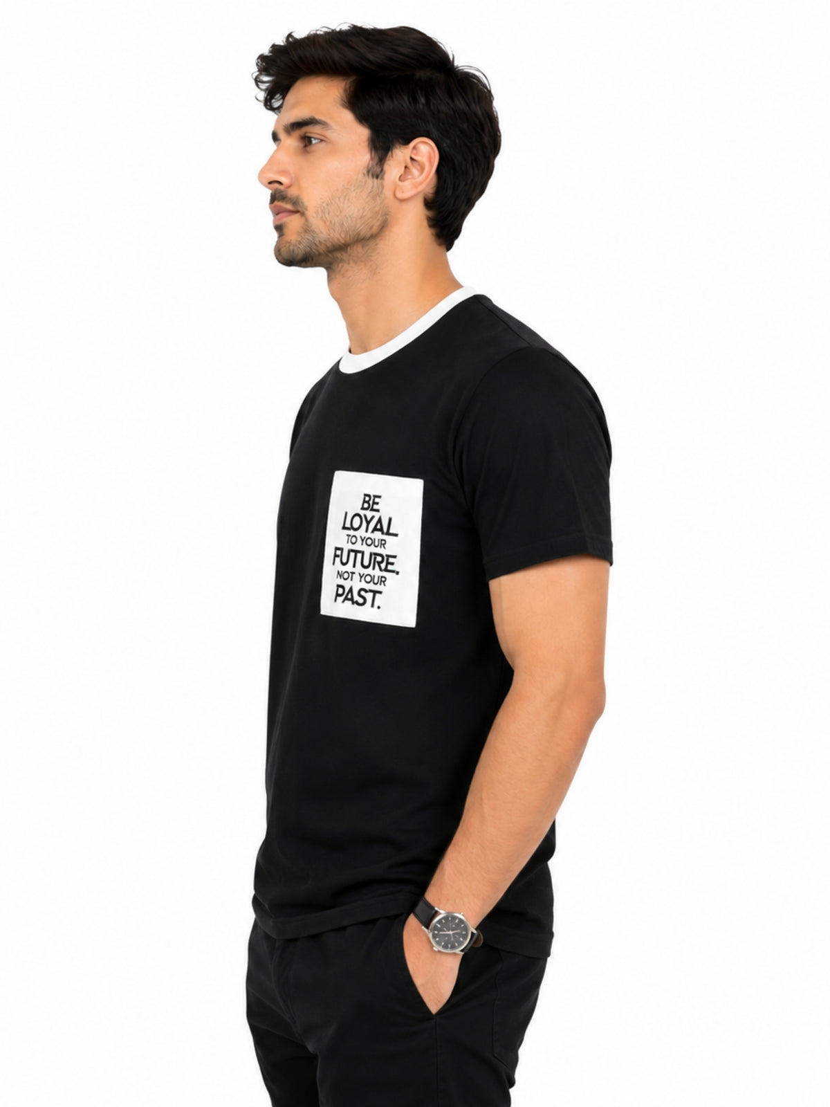 Men's Round Neck Contrast Printed Pocket Tee Shirt - Black