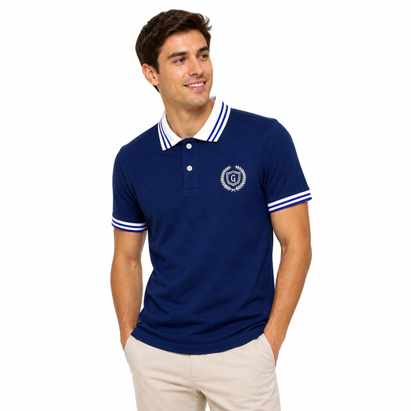 Mens’ Signature Embroidered Contrast Collar Polo Shirt – Navy Blue