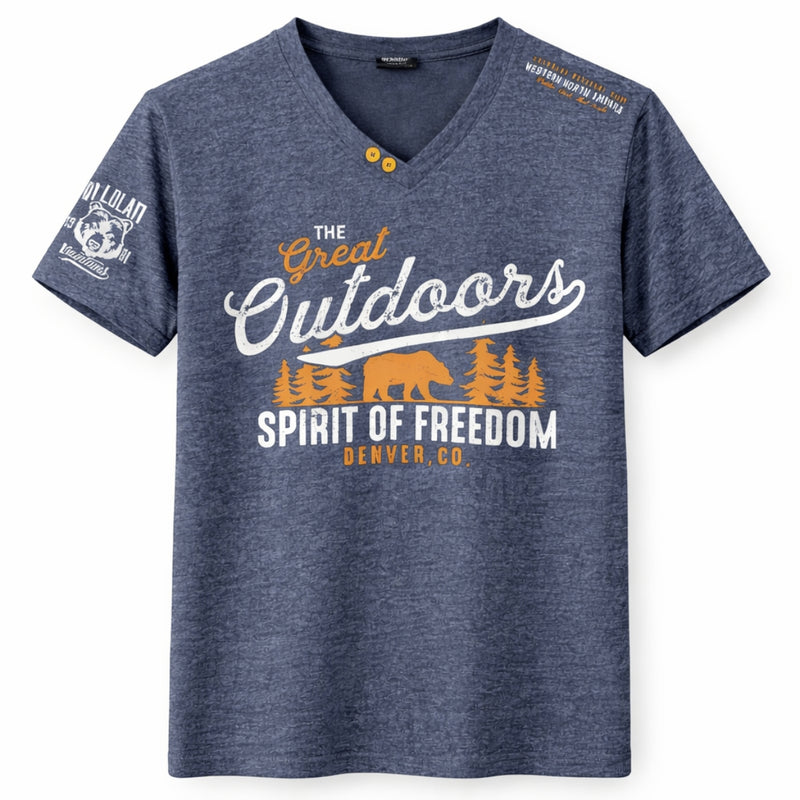 Men's Graphic Printed V Neck Tee Shirt - Charcoal Blue