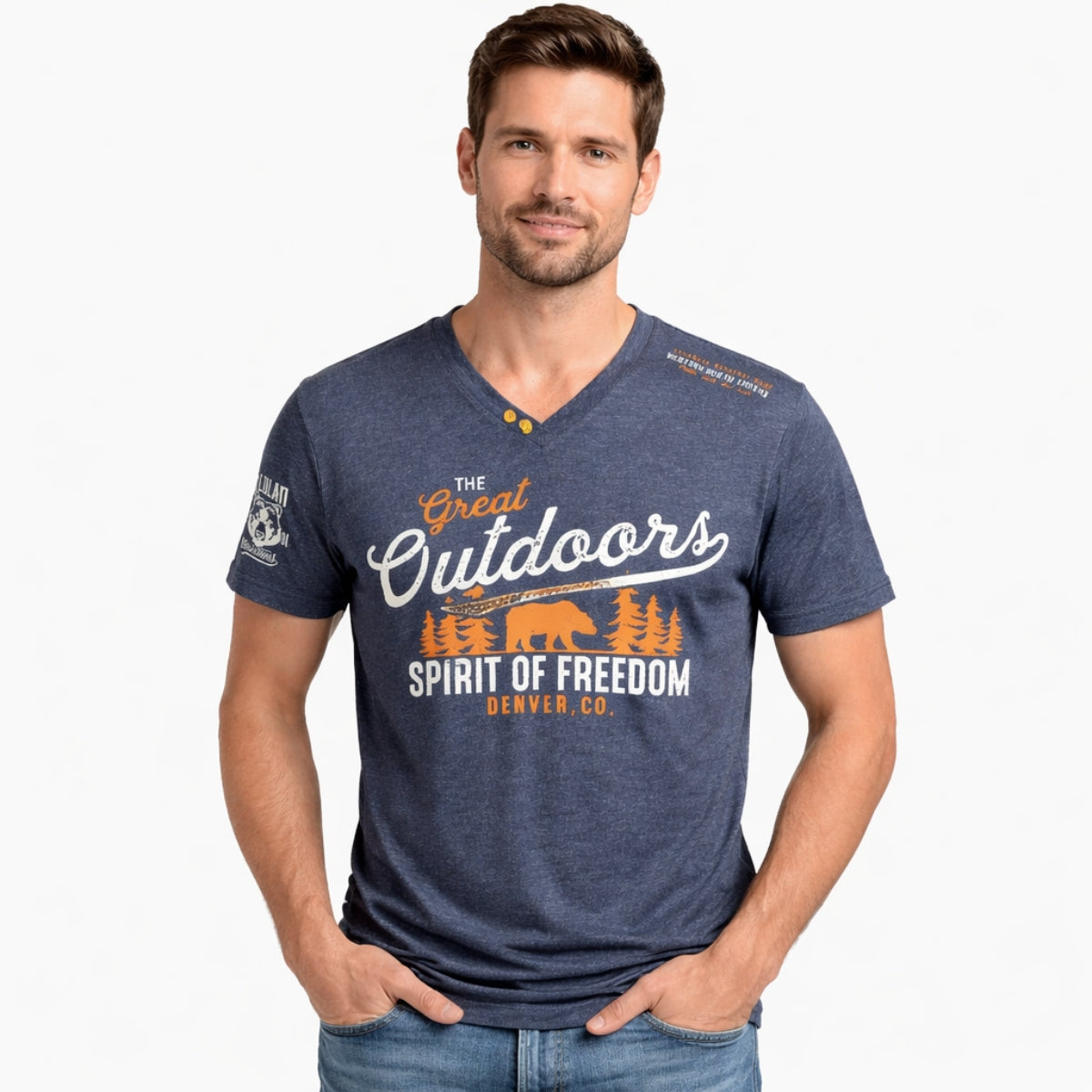 Men's Graphic Printed V Neck Tee Shirt - Charcoal Blue