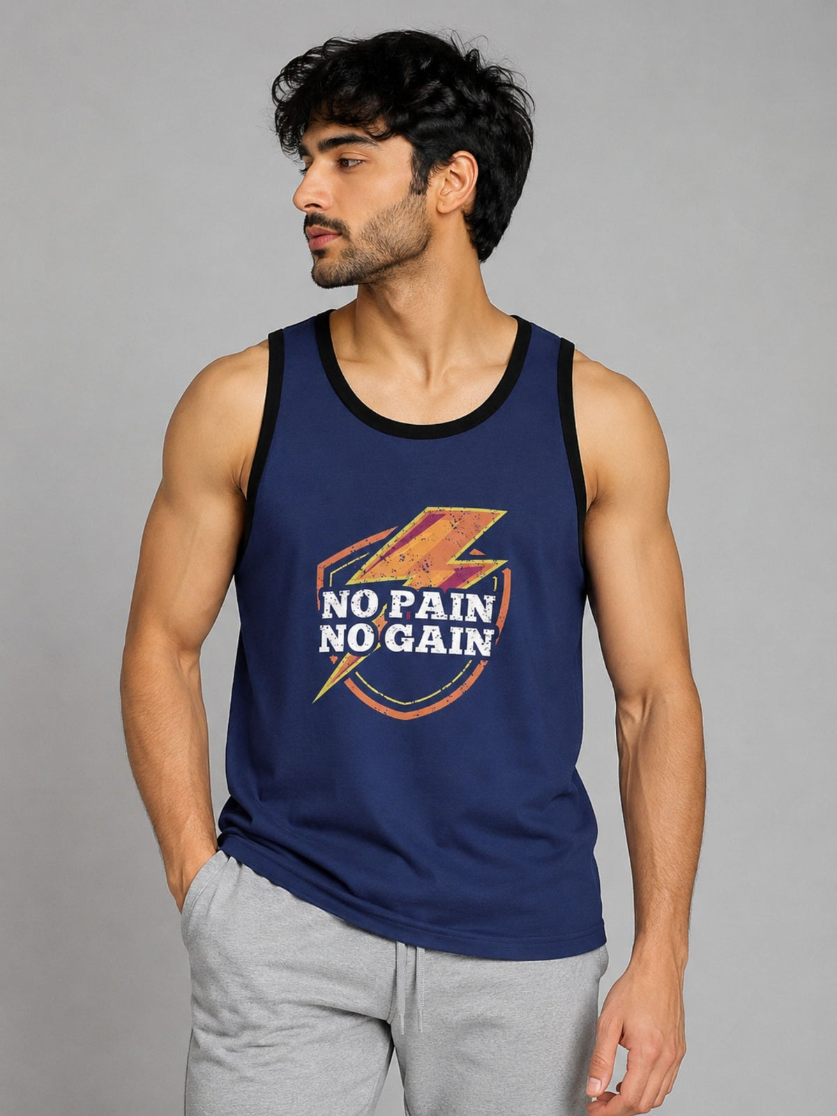 HG "NO PAIN NO GAIN" Printed Stylish Vest For Men's - Marine Blue