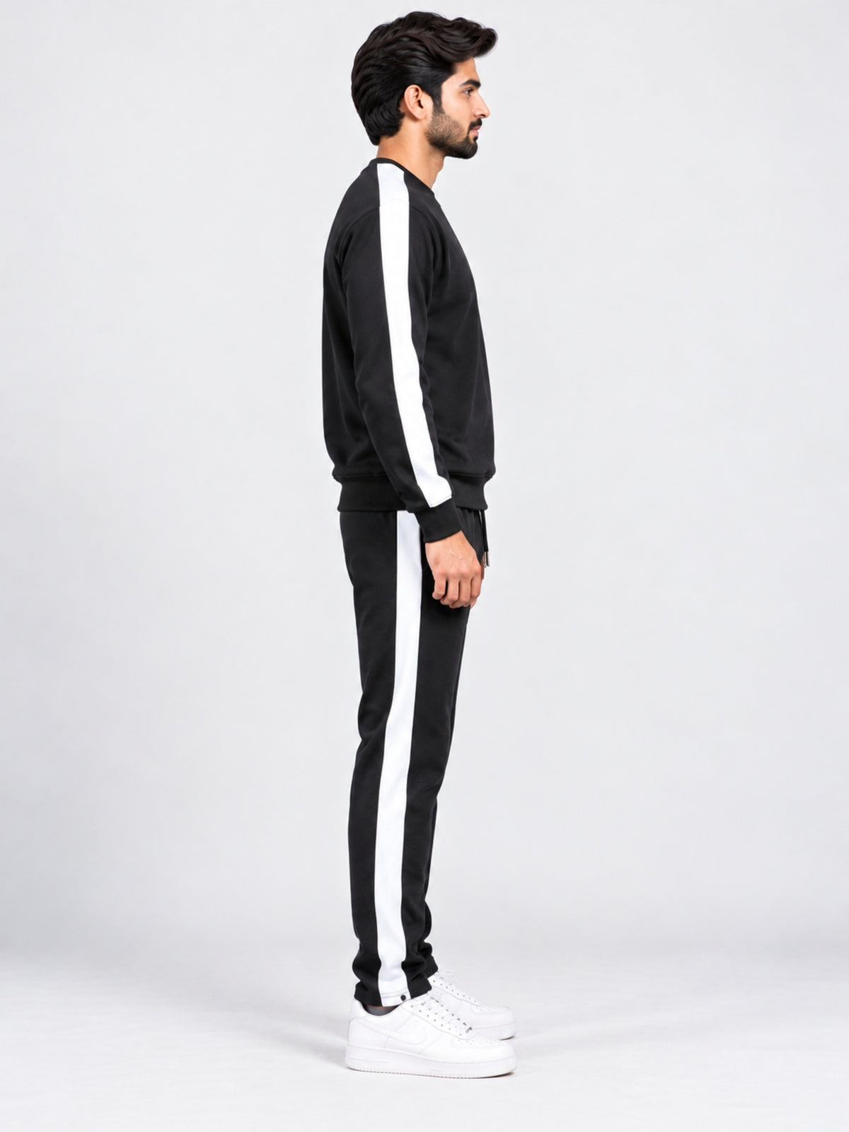 Men's Contrast Stripe Polyester Co-Ord Set – Black & White