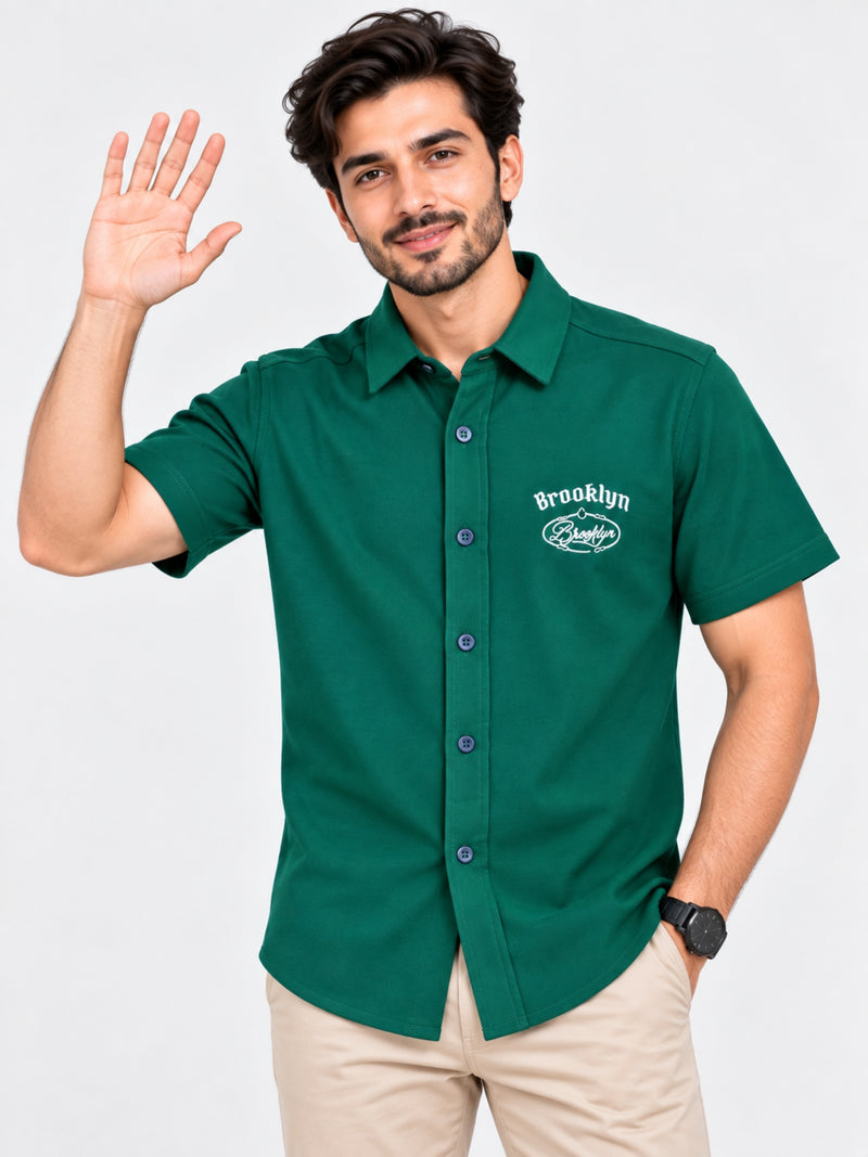 Classy "Brooklyn" Embroidered Soft Cotton Casual Shirt - Bottle Green