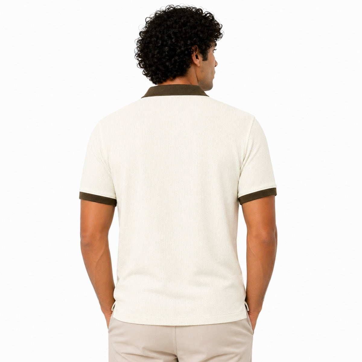 Men’s Classic Thermal Knit Contrast Collar Polo Shirt – Cream