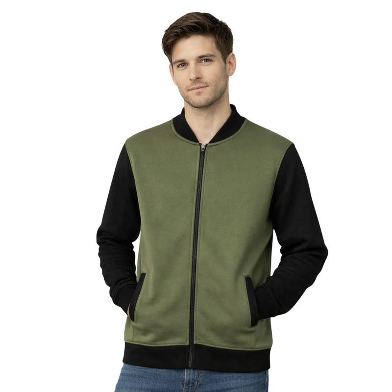 HG Contrast Sleeves Exclusive Fleece Zipper Jacket - Olive Green