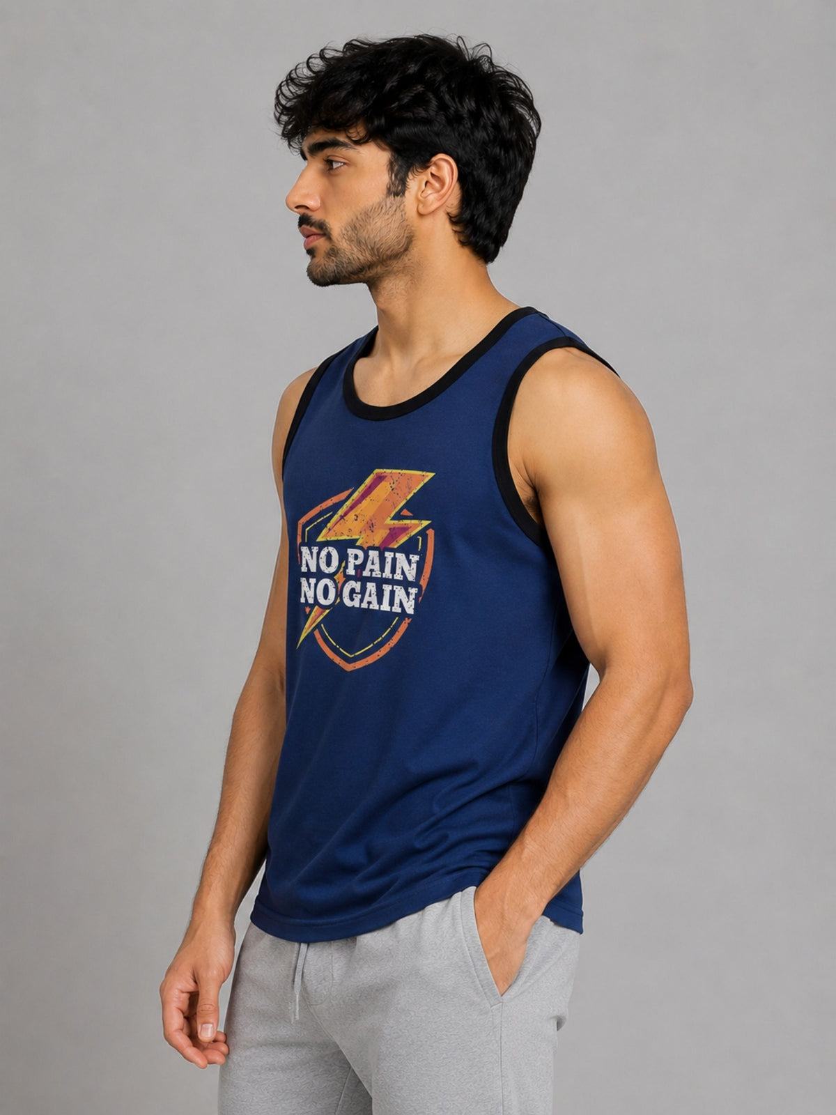 HG "NO PAIN NO GAIN" Printed Stylish Vest For Men's - Marine Blue