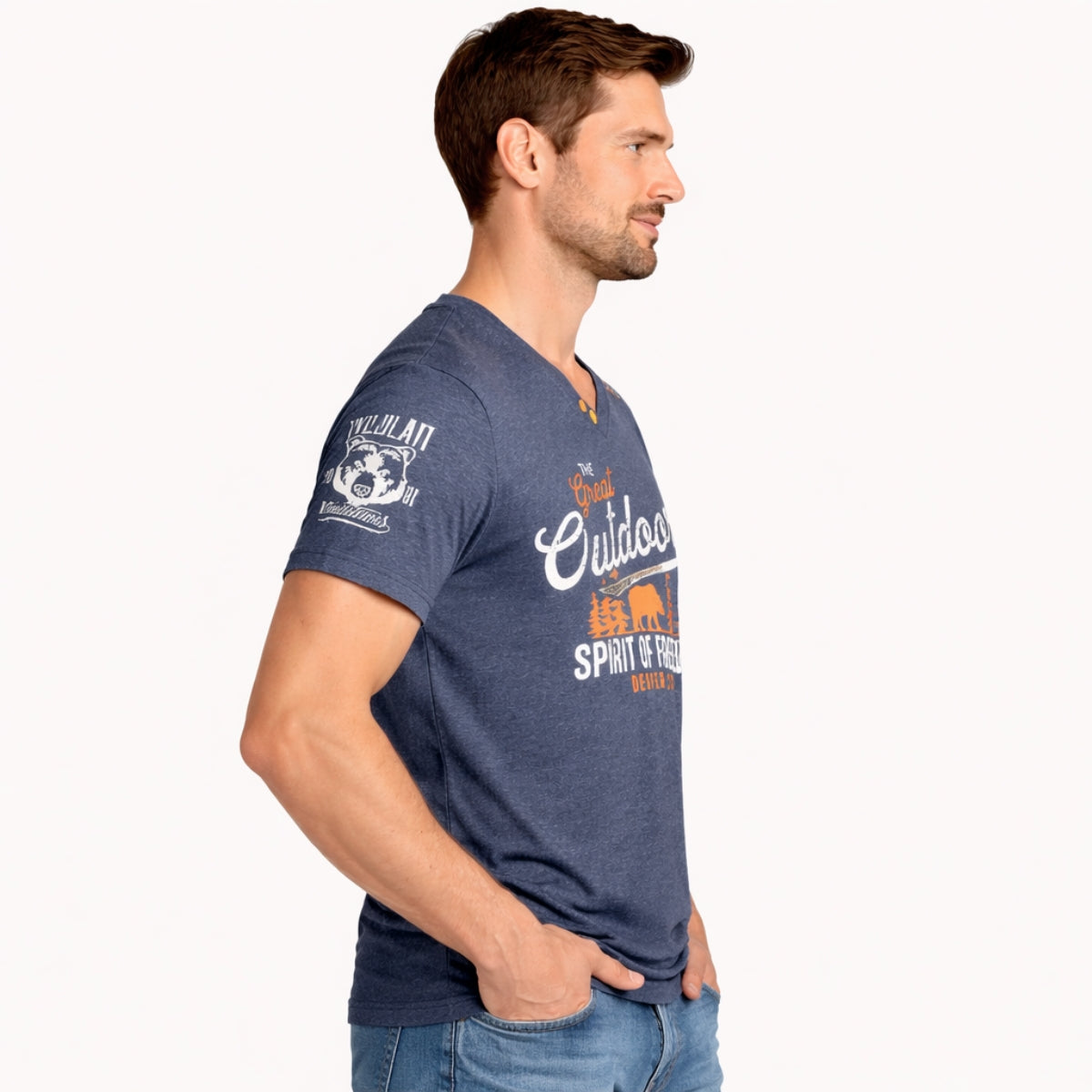 Men's Graphic Printed V Neck Tee Shirt - Charcoal Blue