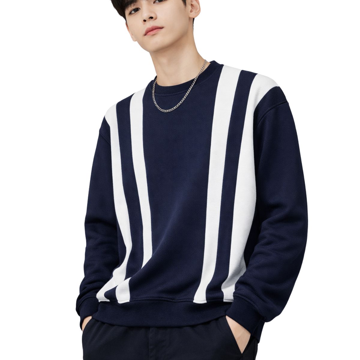 HG Cut & Sew Color-Block Crewneck Polyester Fleece Sweat Shirt – Navy