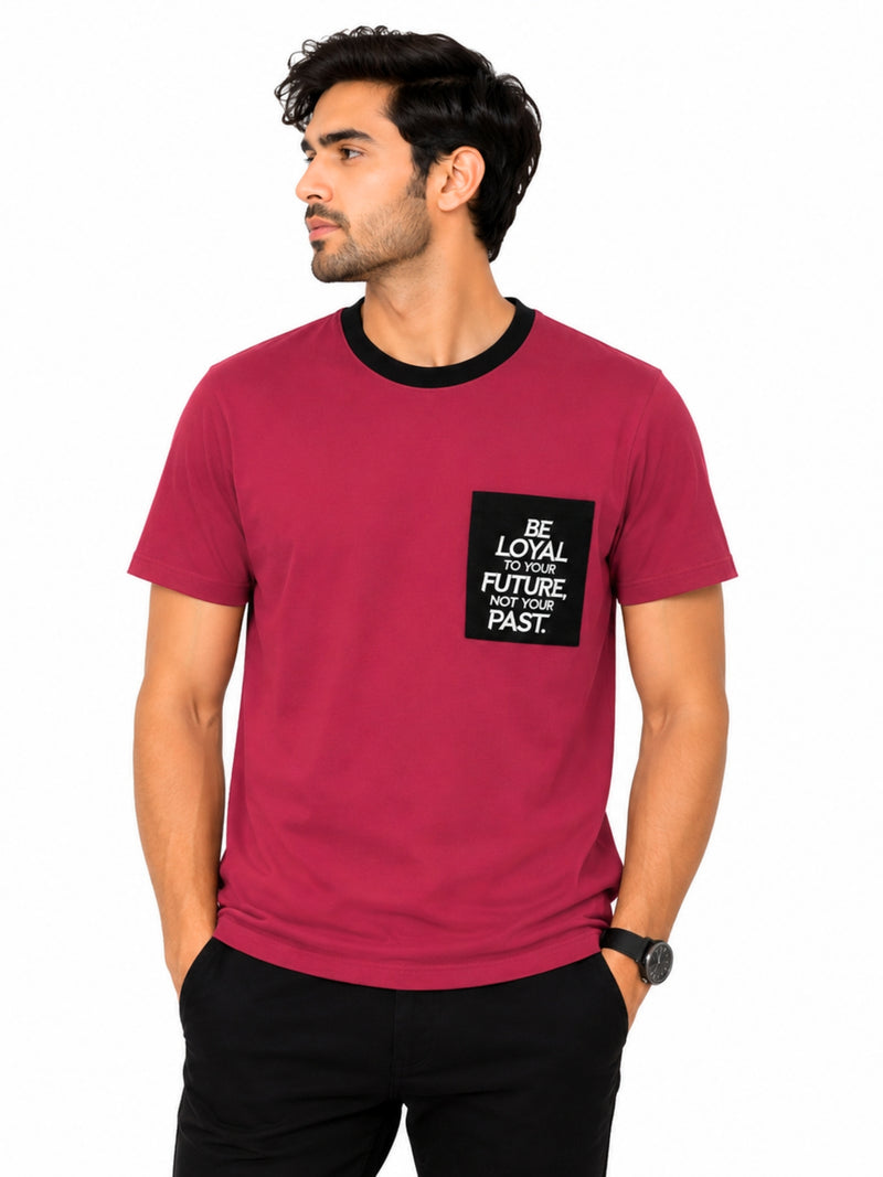 Men's Round Neck Contrast Printed Pocket Tee Shirt - Red