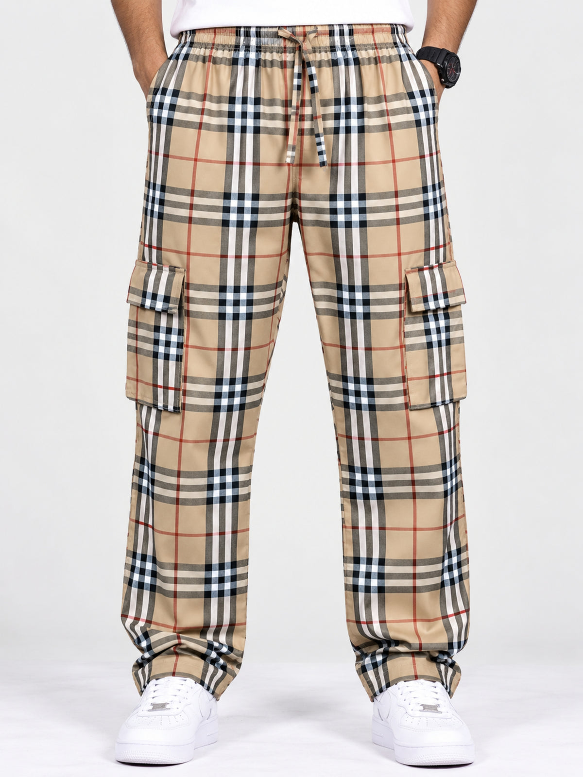 Men Cargo Casual Check Trouser - Beige