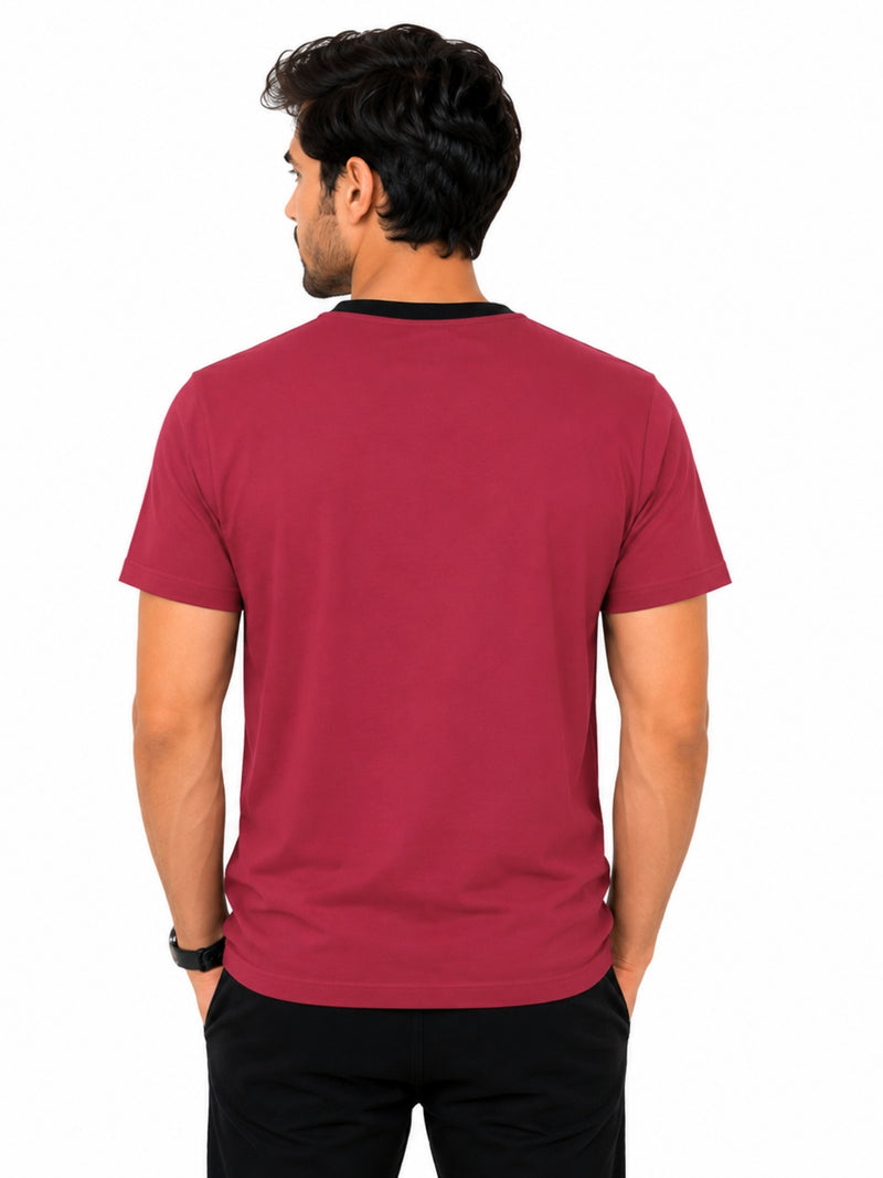 Men's Round Neck Contrast Printed Pocket Tee Shirt - Red