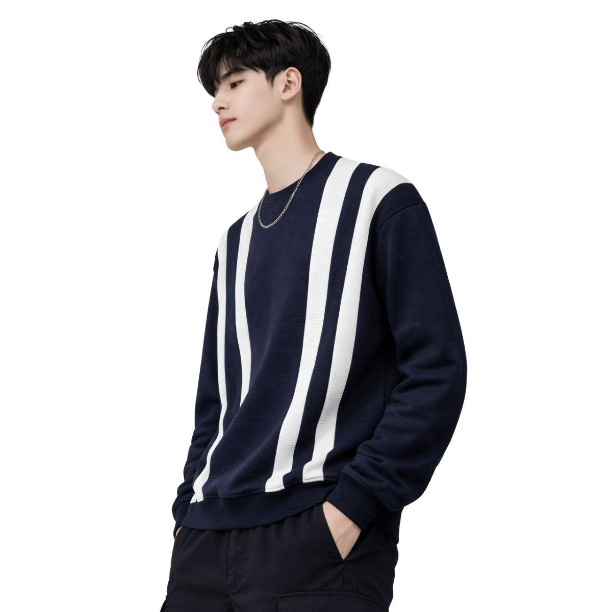 HG Cut & Sew Color-Block Crewneck Polyester Fleece Sweat Shirt – Navy