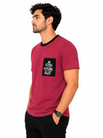 Men's Round Neck Contrast Printed Pocket Tee Shirt - Red