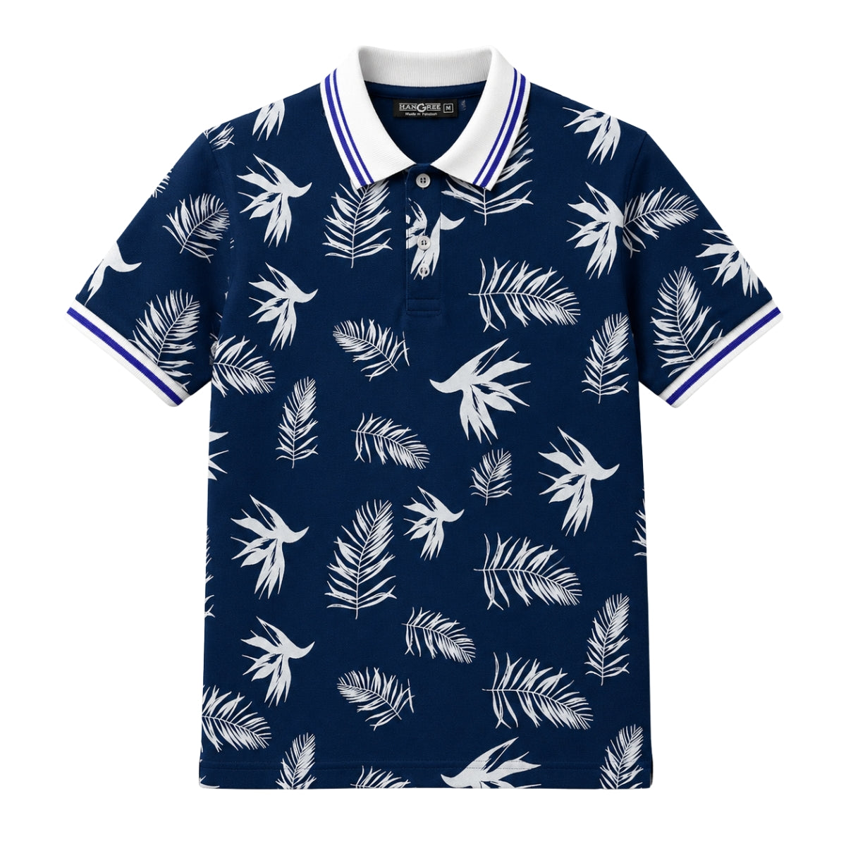 Men's Tropical Leaf Print Piqué Cotton Polo Shirt - Navy Blue