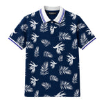 Men's Tropical Leaf Print Piqué Cotton Polo Shirt - Navy Blue