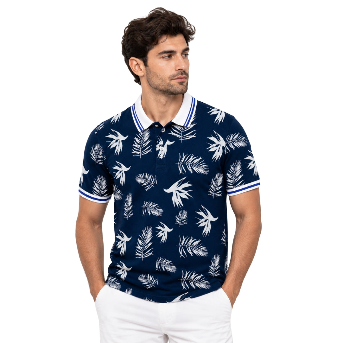 Men's Tropical Leaf Print Piqué Cotton Polo Shirt - Navy Blue