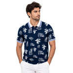 Men's Tropical Leaf Print Piqué Cotton Polo Shirt - Navy Blue