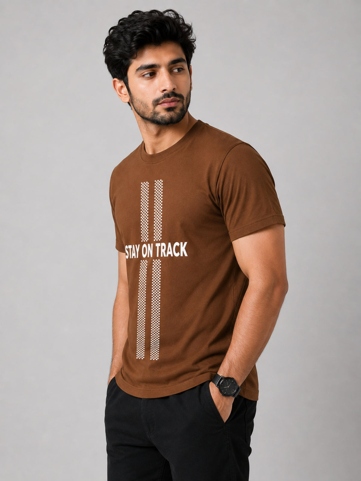 HG "STAY ON TRACK" Printed Tee Shirt - Tan Brown