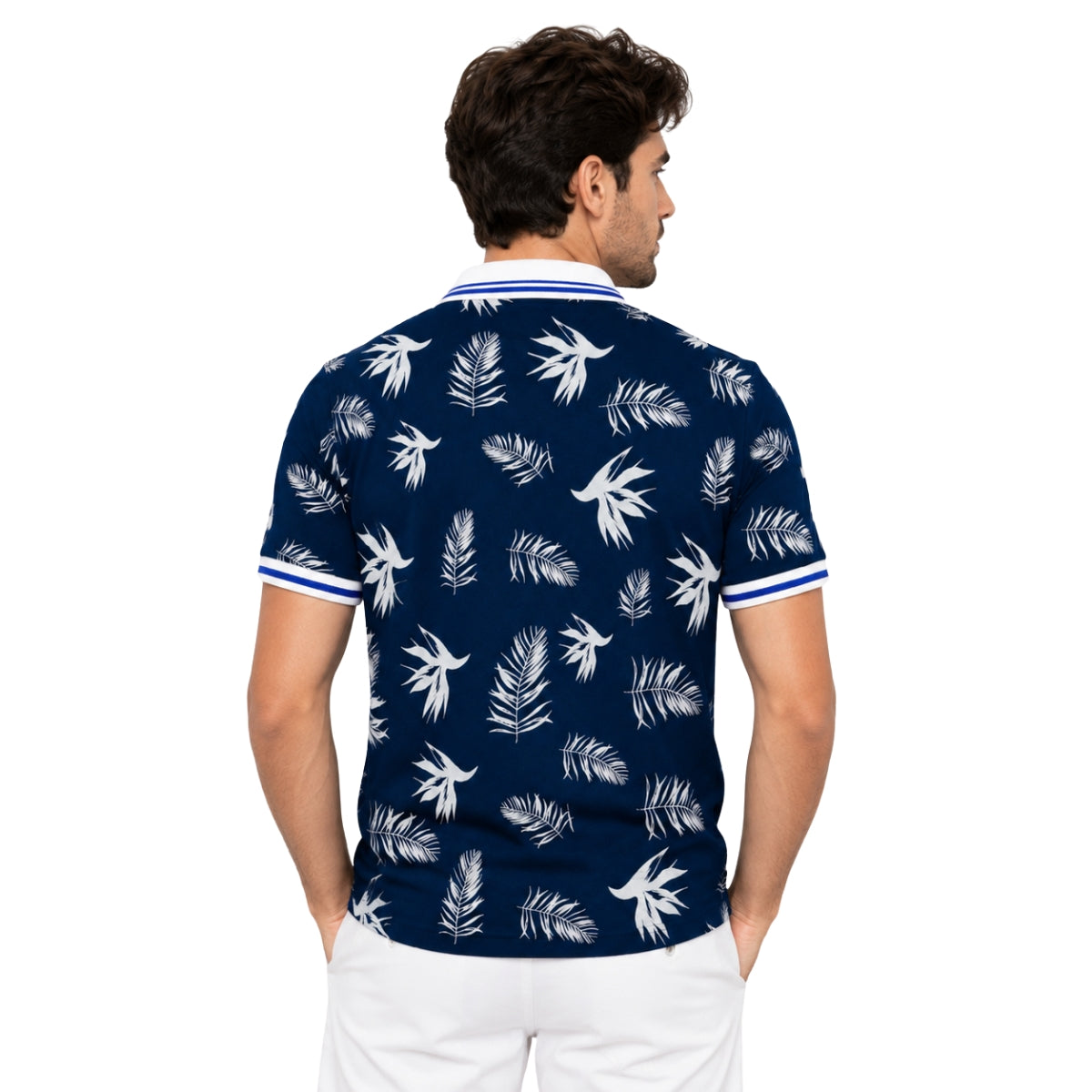 Men's Tropical Leaf Print Piqué Cotton Polo Shirt - Navy Blue