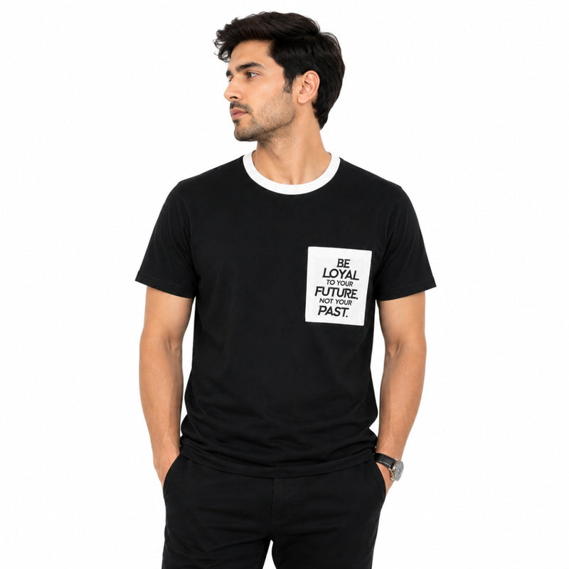 Men's Round Neck Contrast Printed Pocket Tee Shirt - Black