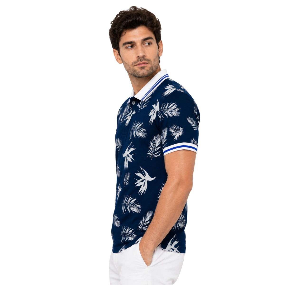 Men's Tropical Leaf Print Piqué Cotton Polo Shirt - Navy Blue