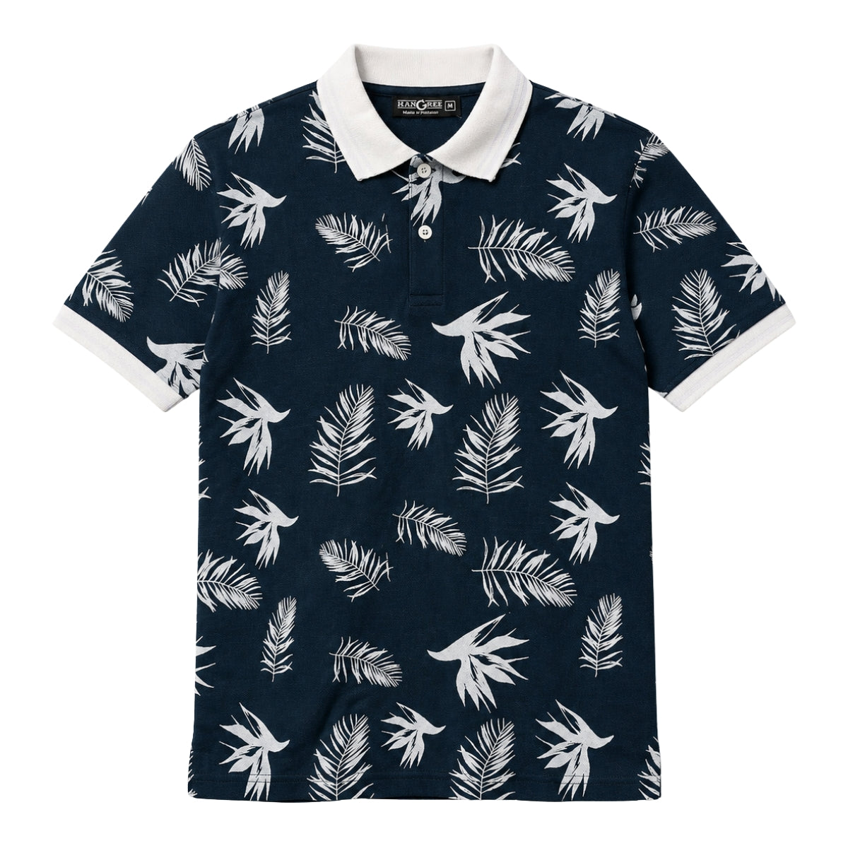Men's Tropical Leaf Print Piqué Cotton Polo Shirt - Black Navy
