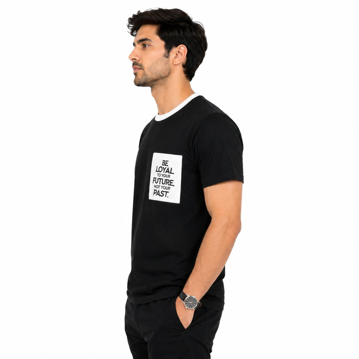 Men's Round Neck Contrast Printed Pocket Tee Shirt - Black