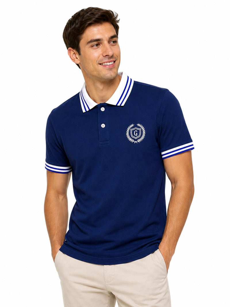 Mens’ Signature Embroidered Contrast Collar Polo Shirt – Navy Blue