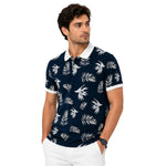 Men's Tropical Leaf Print Piqué Cotton Polo Shirt - Black Navy