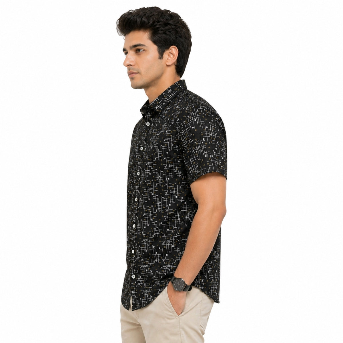 Men’s Geometric Pattern Half Sleeve Casual Shirt – Black