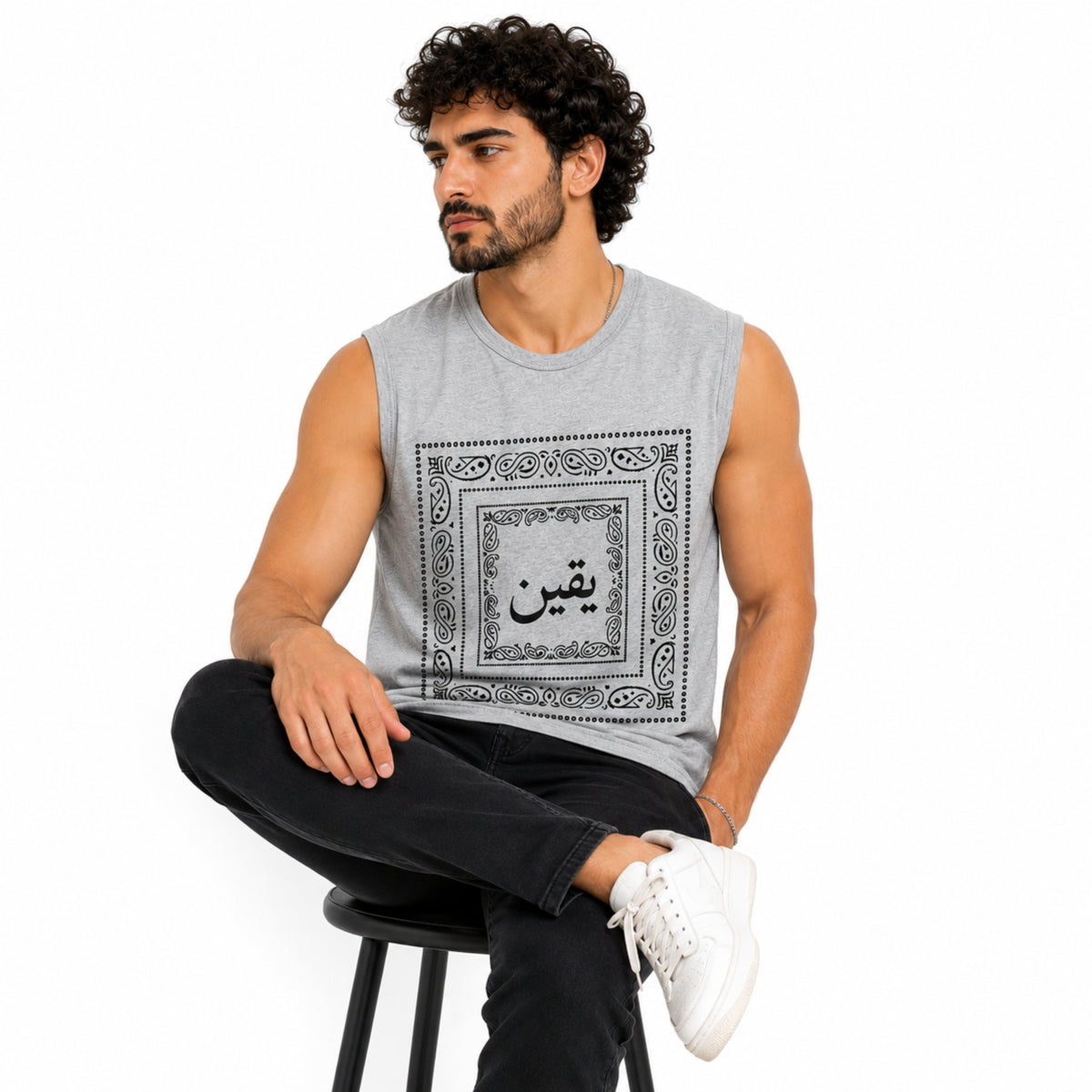 Men's Bandana Graphic Sleeveless Tank Top - Light Gray