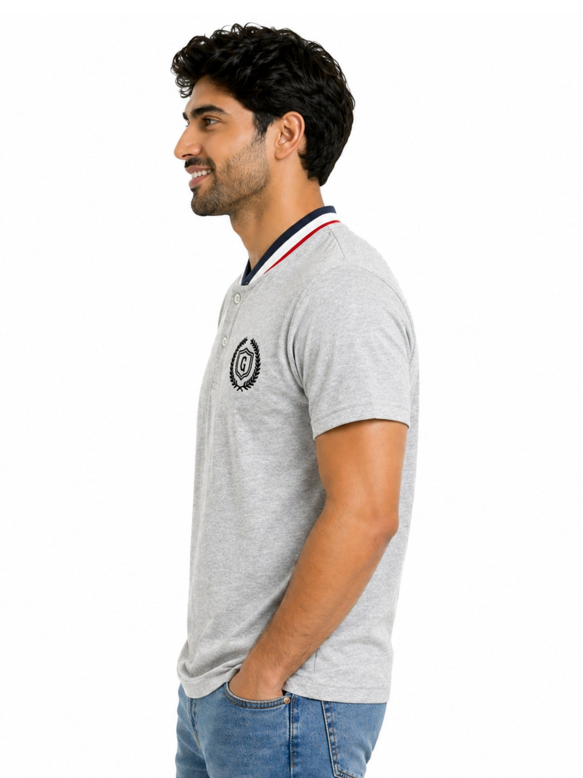 Men’s Signature Embroidered Contrast Neck Henley T-Shirt – Hyder Gray