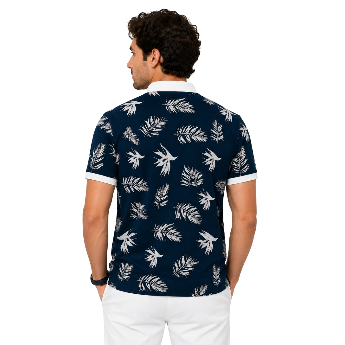 Men's Tropical Leaf Print Piqué Cotton Polo Shirt - Black Navy