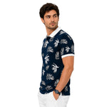 Men's Tropical Leaf Print Piqué Cotton Polo Shirt - Black Navy