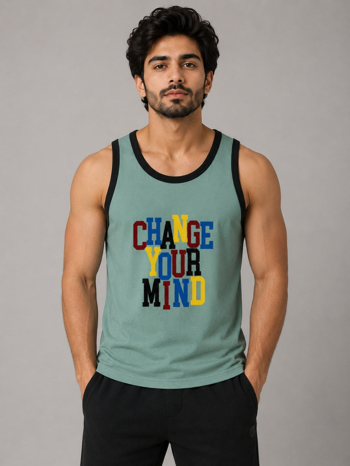 HG "CHANGE YOUR MIND" Printed Cotton Vest For Men's - Turquoise Green