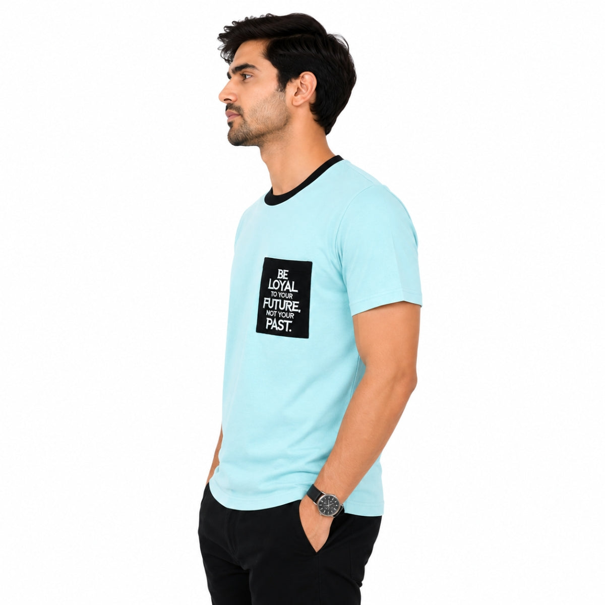 Men's Round Neck Contrast Printed Pocket Tee Shirt - Sky Blue