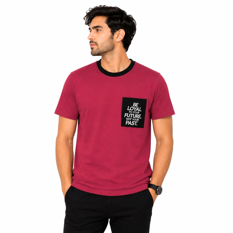 Men's Round Neck Contrast Printed Pocket Tee Shirt - Red