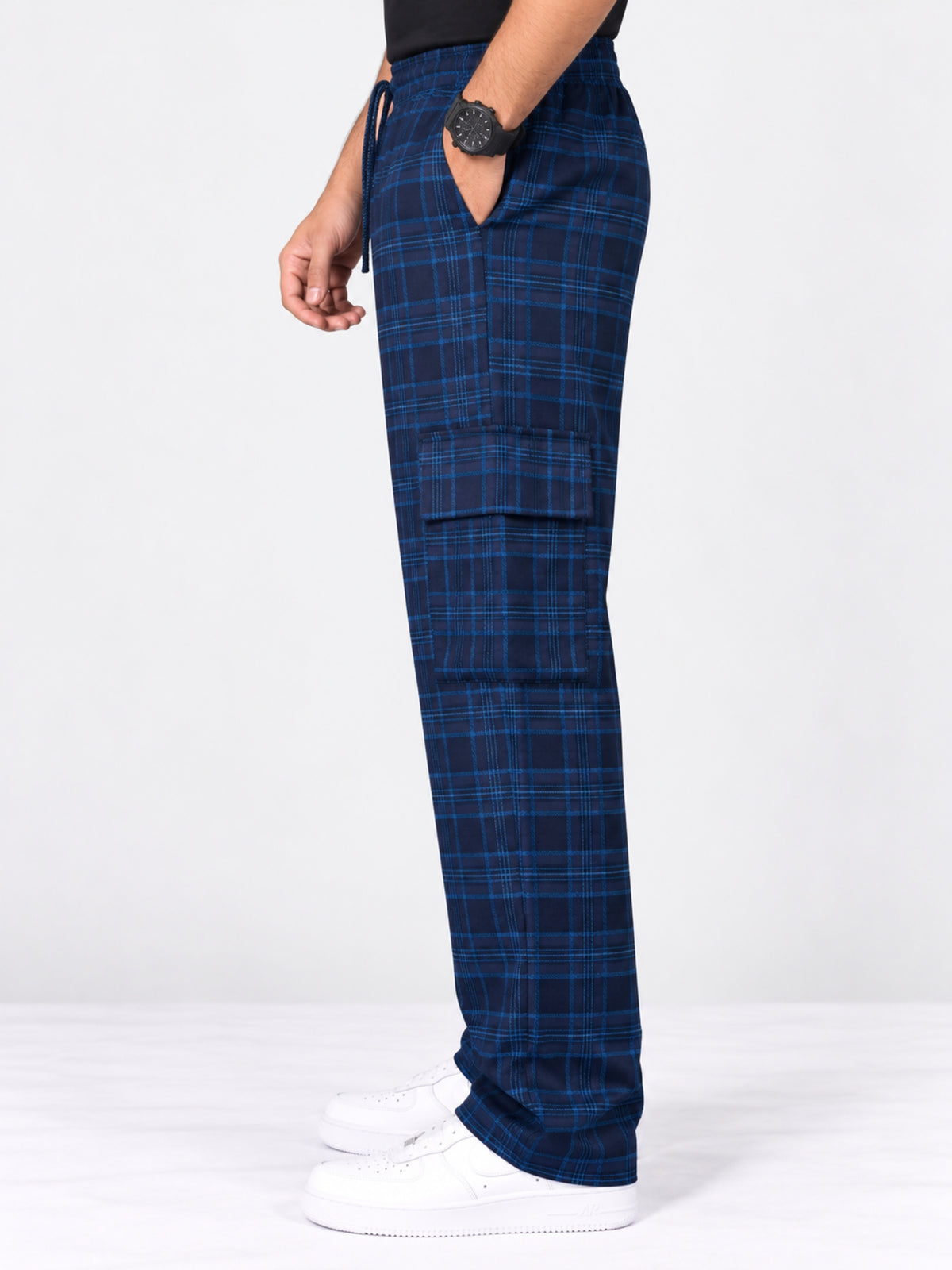 Men Cargo Casual Check Trouser - Navy