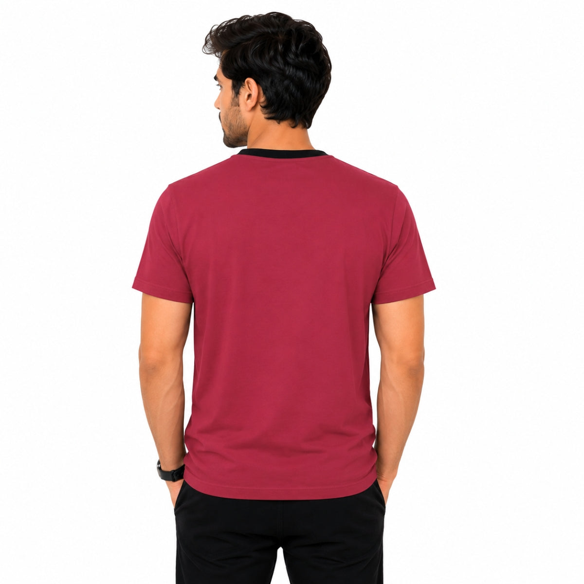 Men's Round Neck Contrast Printed Pocket Tee Shirt - Red
