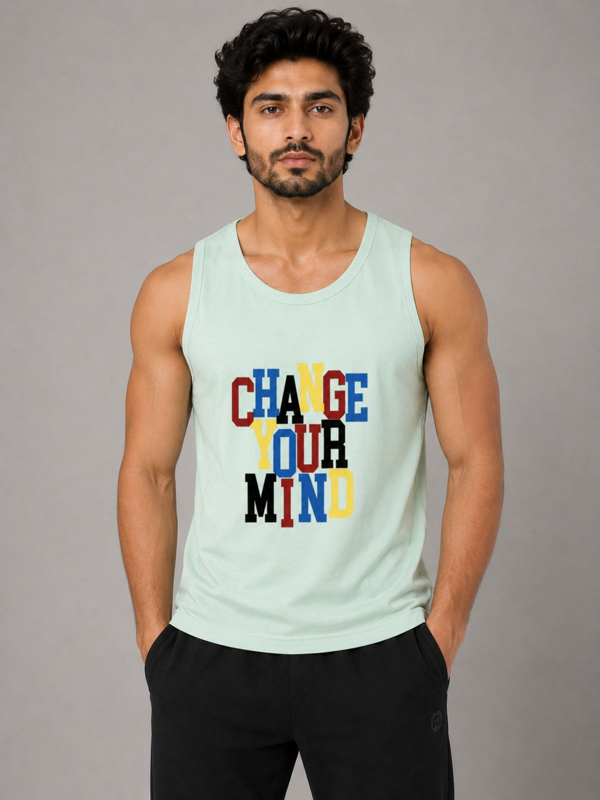 HG "CHANGE YOUR MIND" Printed Cotton Vest For Men's - Aqua Spring
