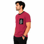 Men's Round Neck Contrast Printed Pocket Tee Shirt - Red