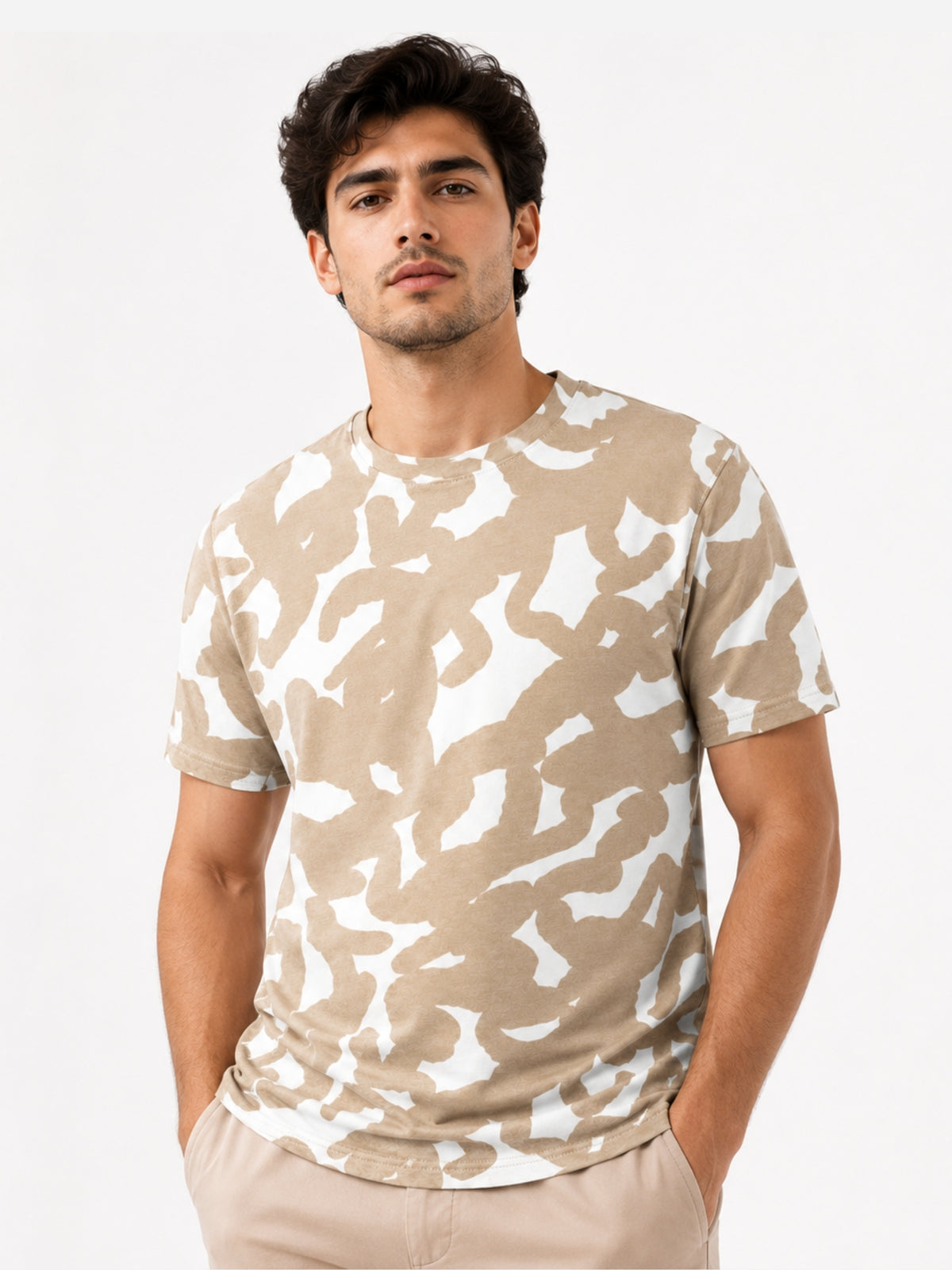 Men's Abstract Print Cotton Jersey T-Shirt - Sand & White