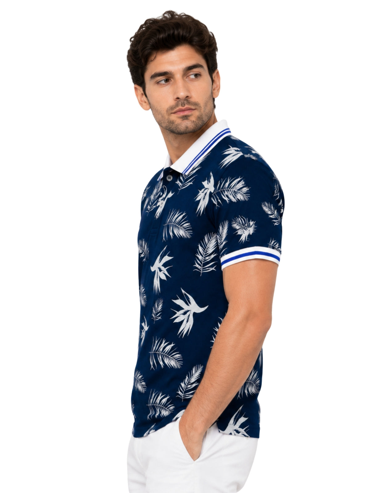 Men's Tropical Leaf Print Piqué Cotton Polo Shirt