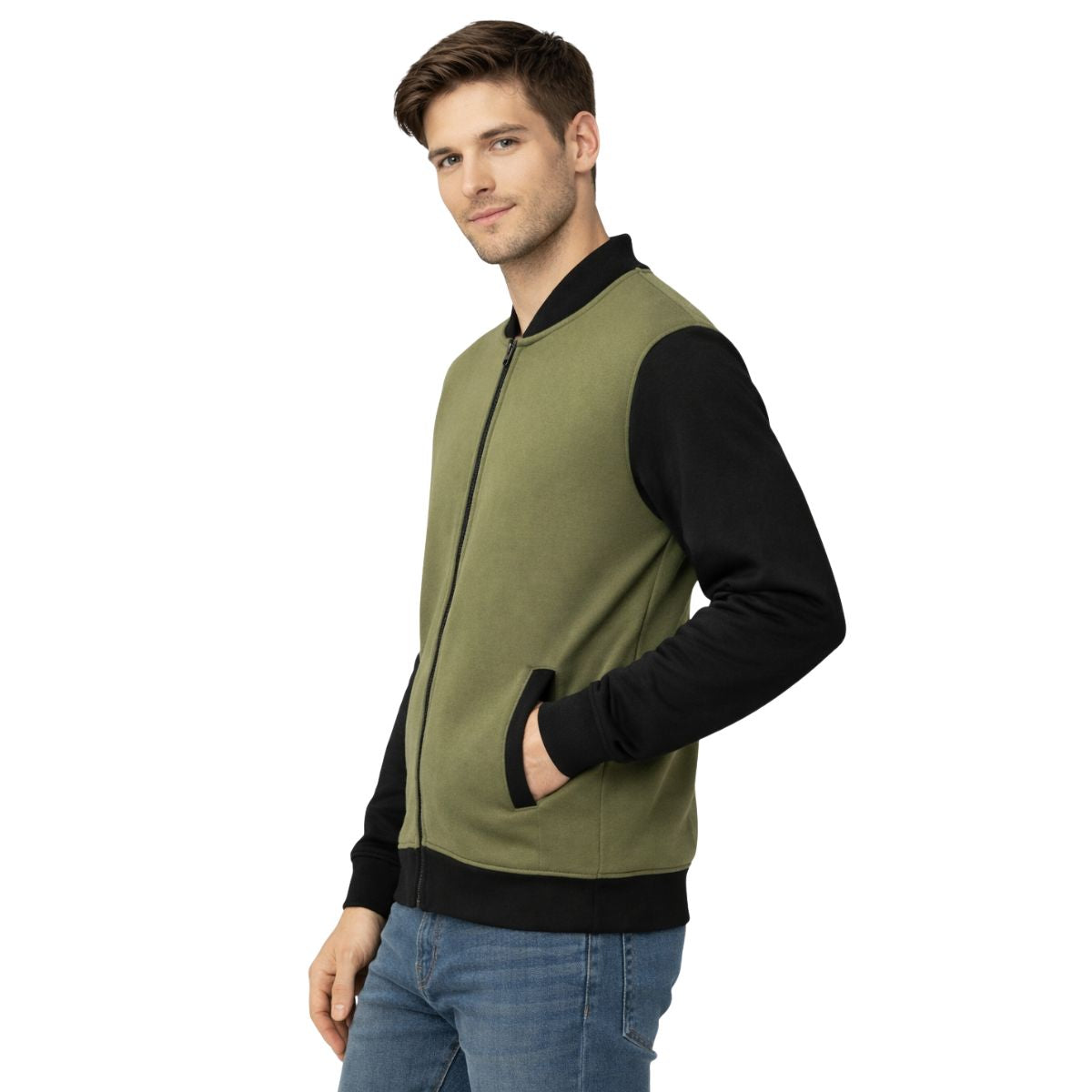 HG Contrast Sleeves Exclusive Fleece Zipper Jacket - Olive Green
