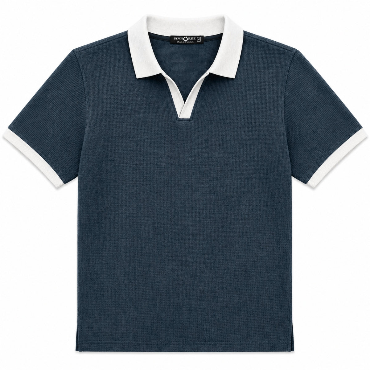Men’s Classic Thermal Knit Contrast Collar Polo Shirt – Charcoal Blue