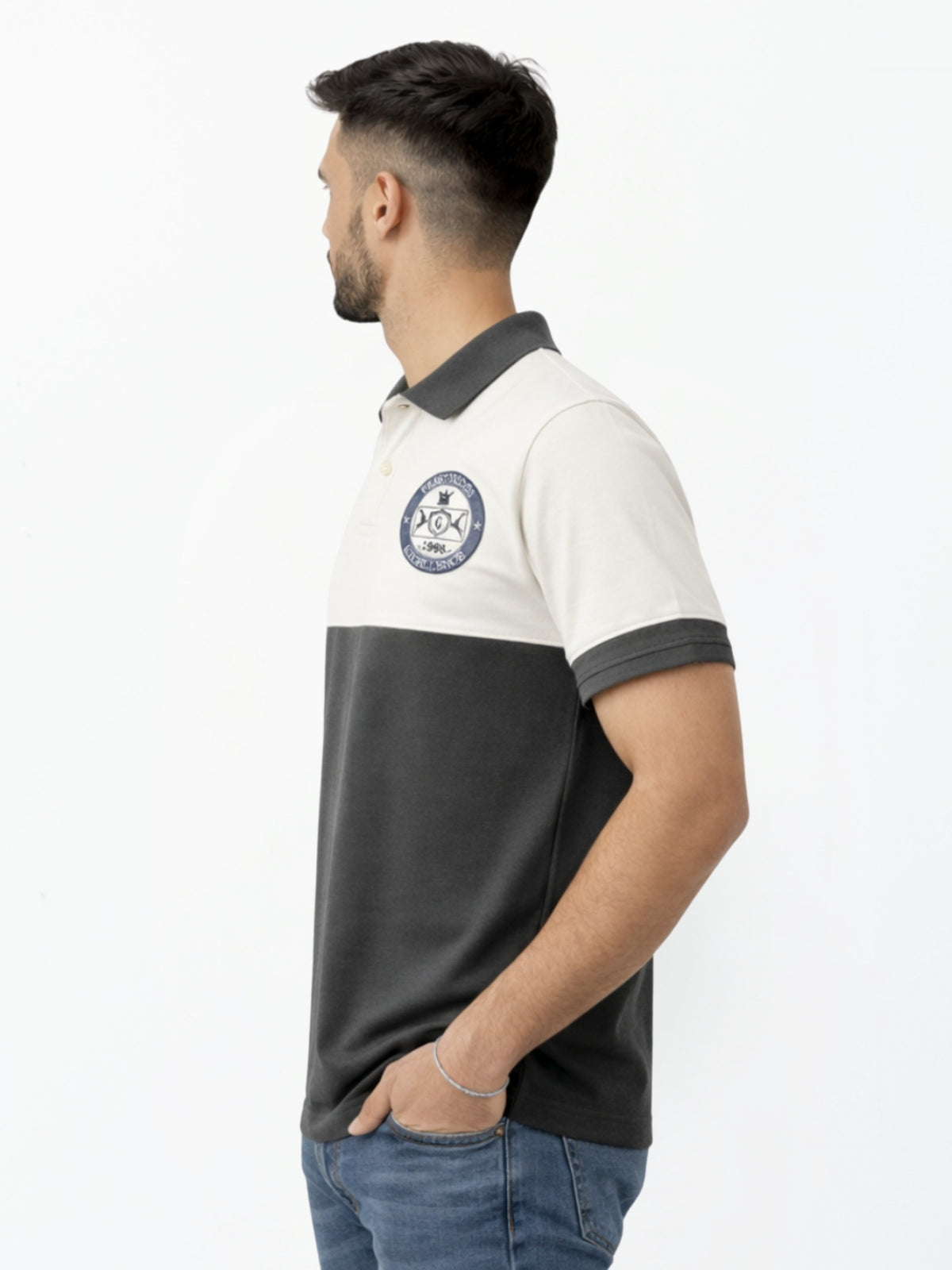 Men's Signature Emb Luxury Panel Polo - White & Dark Gray